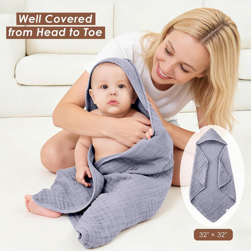 Ease Cubs 3-Pack 100% Slate,32" 32") Muslin Hooded Baby Towels, Cotton, Ultra-Soft & Absorbent Baby Bath Towels