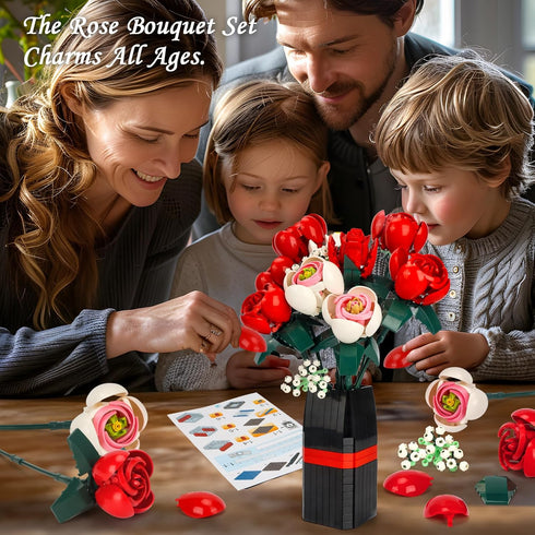 Panigkids Set Set Roses Flower Bouquet Building Kit, Artificial Roses Flower Bouquet Building with Vase, DIY Artificial
