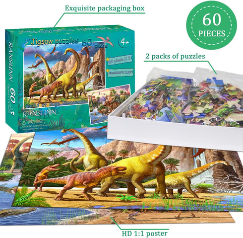 Dinosaur Puzzles for Kids Ages 4-8, 2 Packs 60 Pieces Jigsaw Puzzle for Toddler Learning Toys