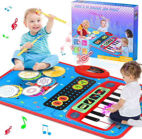 2-in-1 Musical Mat Toys - Piano Keyboard & Drum Set with 2 Drum Sticks for 1-5 Year Old Boys & Girls, Blue