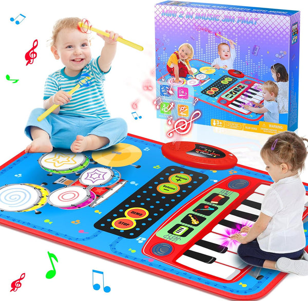 2-in-1 Musical Mat Toys - Piano Keyboard & Drum Set with 2 Drum Sticks for 1-5 Year Old Boys & Girls, Blue