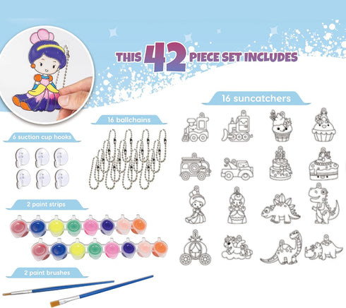 Window Art Kit for Kids - Stained Glass Kits Includes 16 Suncatchers, 16 Ball Keychains, 2 Paint Brushes