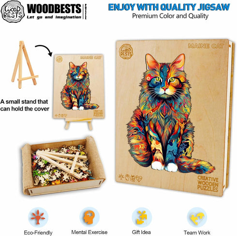 WOODBESTS Wooden Puzzle for Adults, Maine Cat Jigsaw (L, 300pcs, 16.5"x13.2") Unique Shape Gift