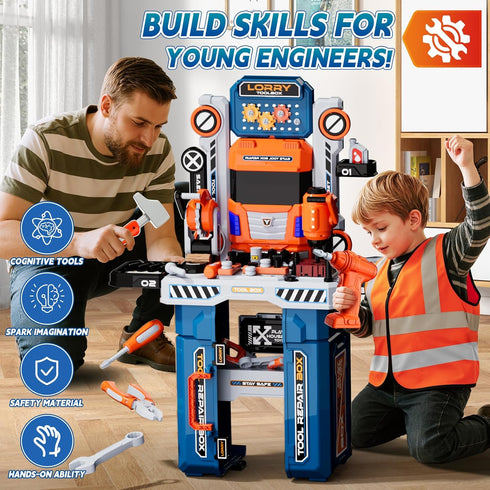 Set 68 Set 3-5, Kids Tool Bench with Electric Drill & Work Clothes, PCS Realistic Toddler Tool for Ages STEM Workbench