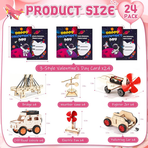 RISFUNIA 24 Pack Valentines Gifts for Kids Classroom, Wooden STEM Kits, Kids Valentines Day Cards for School Exchange