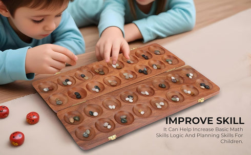 Set Ajuny Wooden Mancala Board Game - Large Folding Board with Multicolor Stones, Ideal for Family Night, Portable