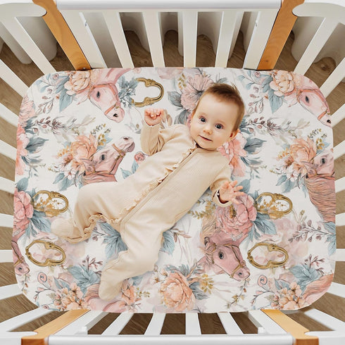 Pigsaly 27x39 Inch Crib Sheets Watercolor Horse Roses Baby Sheet for Standard Crib Mattress Boys Girls Toddler Bed