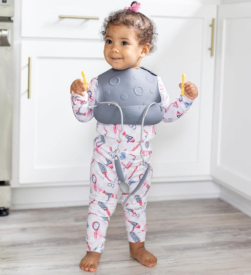 BUSY BABY Silicone Baby Bib for Babies & Toddlers, Pre-Formed Holes for Bungees