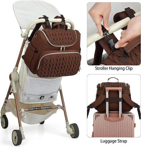 Bevkois Backpack Small Diaper Bag Quilted Mini Baby Crossbody Diaper Bag Tote for Mom and Baby Girls Boys (Brown)