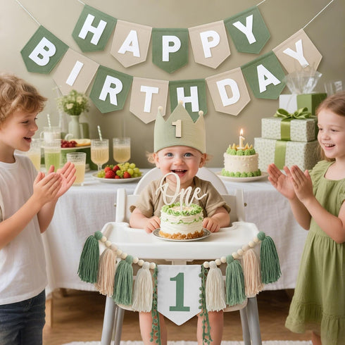1st DCJHFJ Wild One High Chair Banner Felt Green Happy Birthday Banner Pre-Strung Birthday Party Decorations