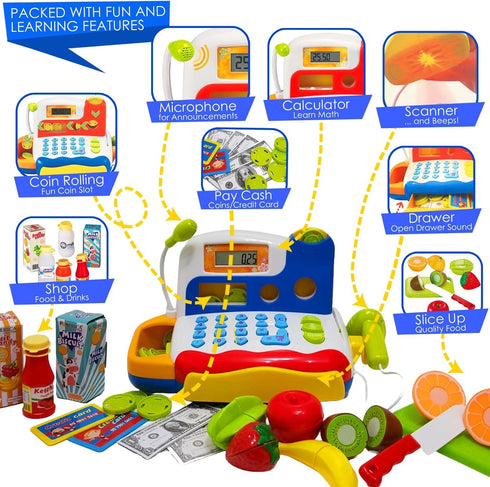 FUNERICA Toy Cash Register with Scanner, Microphone, Interactive Calculator, Grocery Food, Pretend Play Money