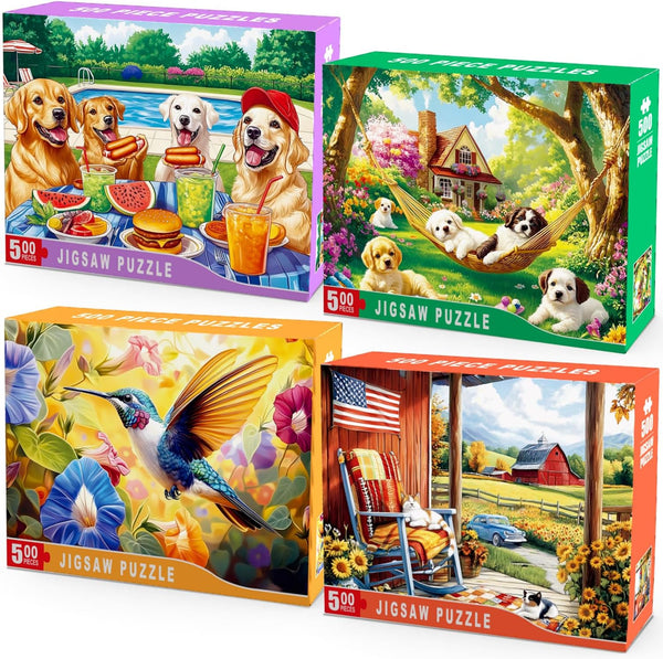 HYXCHQA 4 Packs 500 Piece Jigsaw Puzzles for Adults Dog Puzzle, Puppy Garden,
