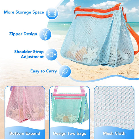 LIDAGO Set 3 3 Beach Toy Include Mesh Shovels and Beach Mesh Bags,Kids Sand Sifter Colorful Mesh Bag for Shells