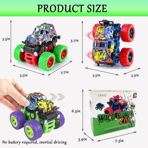 Push and Go Friction Powered Car, 4 Pack Monster Toys Truck Set for Boys 3-7 Years Old