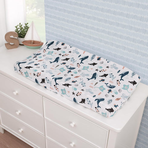 Soft Contoured Changing Pad Cover in Light Blue, Navy, Gray & Coral