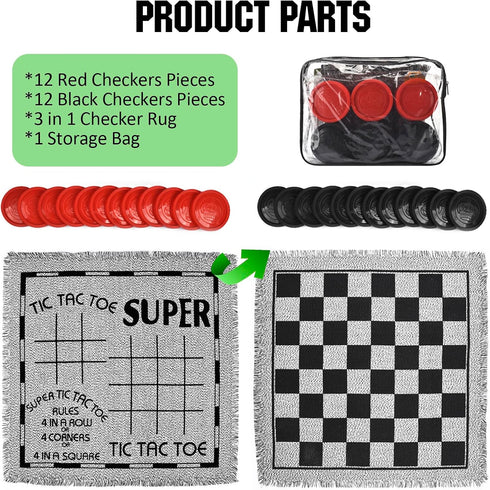 Giant Checkers Board Game Set - 3 in 1 Jumbo Tic Tac Toe Game for Kids & Adults, Indoor Outdoor Fun