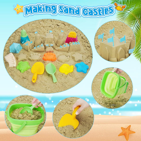 Set 3-10 RACPNEL Collapsible Beach Toys for Kids, Foldable Sand Bucket and Shovels with Mesh Bag, Sand Castle Building