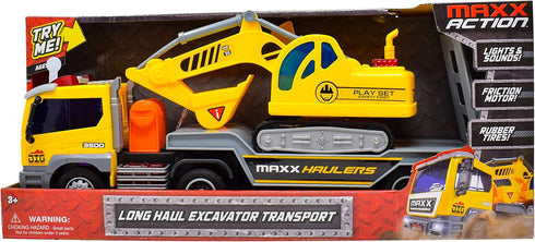 Maxx Action 17 3 Playset Vehicle Transport with Excavator Bright Lights and Construction Sounds | Friction Powered