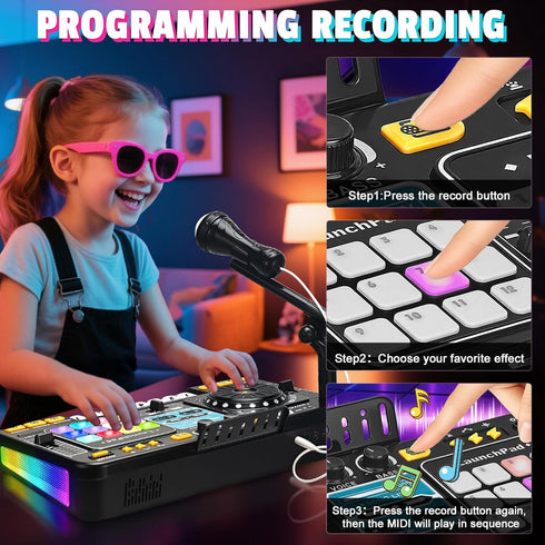 3 4 5 6 Set DJ Mixer for Kids, Toddler DJ Mixing Table with DJ Turntable, Game Mode, Light & Speed Control
