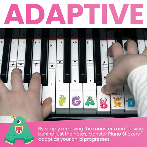 Crosby Monster Piano Stickers for Learning Piano or Keyboard - Transparent Removable Key Set for Beginners