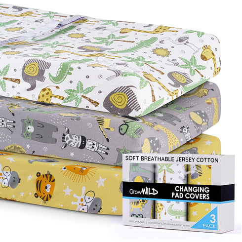 GROW WILD 3 Pack Changing Pad Covers - Soft Stretchy Jersey Cotton for Baby Changing Table, Diaper Covers (Animals &