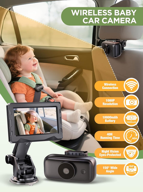 NUOTUN 40 4.3'' 1080P 360 Wireless Baby Car Camera - Hours Rechargeable Battery with Auto Sleep & Night Vision, HD