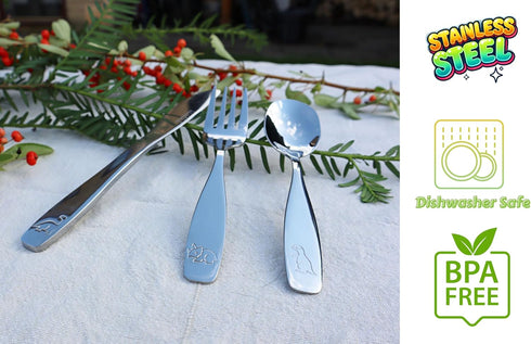 Exzact Kids Flatware 6 Pieces Stainless Steel Silverware, 2 Forks, 2 Knives, 2 Spoons, Toddler Utensils, Dishwasher Safe