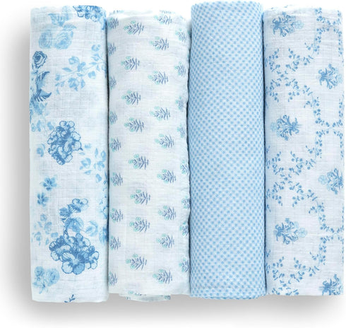 100% 47x47 Inches (Pack 4), Delta Children Cotton Muslin Baby Receiving Blankets for Girls and Boys of Blue Botanicals