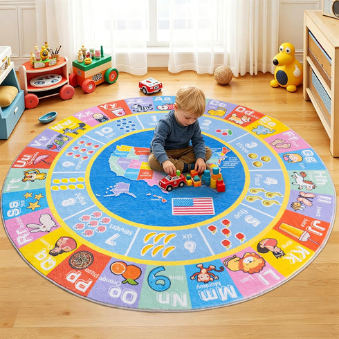 6x6 Kids Rugs for Playroom - Soft & Non-Slip Feet Round Educational Rug for Learning ABC Alphabet, Numbers, Shapes
