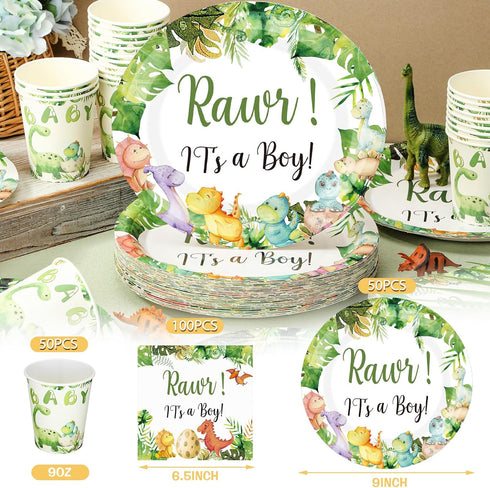 200 Pcs Dinosaur Baby Shower Party Supplies Set - Plates, Napkins, Cups for 50 Guests Girls Spring Decoration