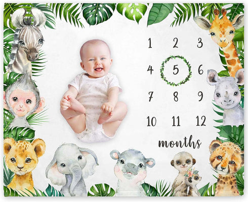 Safari Milestone Blanket, Jungle Animals Baby Growth Chart, Watch Me Grow, 50"x40" for New Moms Baby Shower