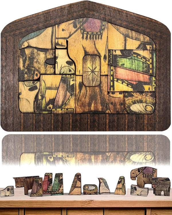 Wooden Jesus Nativity Puzzle Statue with Wood Burned Design, Educational Wooden Puzzles for Kids and Adults