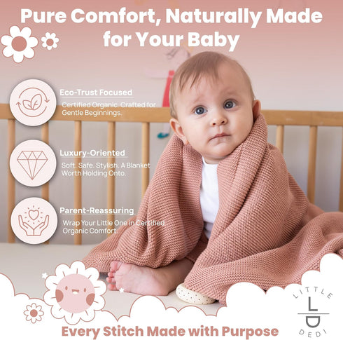 100% 30"x40", Organic Cotton Baby Knitted Blanket with Gift Box - Soft Toddler, Crib, Stroller Blanket - Neutral
