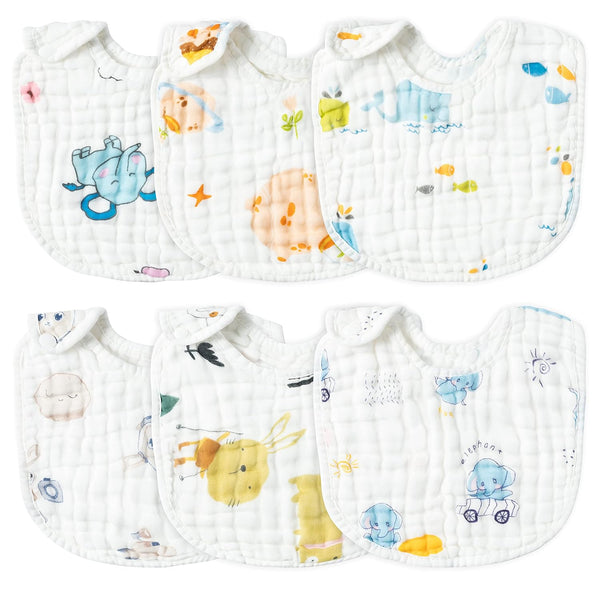 Zainpe 6Pcs Snap Muslin Cotton Baby Bibs, Adjustable Machine Washable, Unisex Burp Cloths for Boys Girls