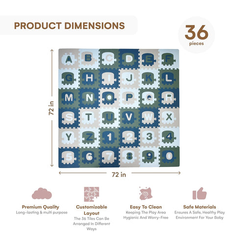 72x72-Inch CHILDLIKE BEHAVIOR Baby Play Mat - Soft Foam Interlocking Tiles with ABC and Numbers - Educational Activity
