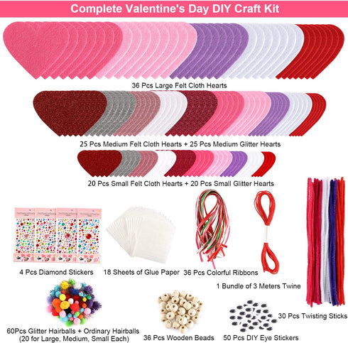 Valentine's Day Crafts for Kids - 361PCS DIY Heart Craft Set, 108 Hearts, 50 Googly Eyes, 60 Pom Poms, Craft Supplies