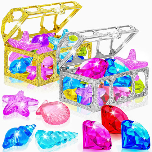 MGparty 24pcs Diving Gem Pool Toys Colorful Diamonds Set with Pirate Treasure Chest