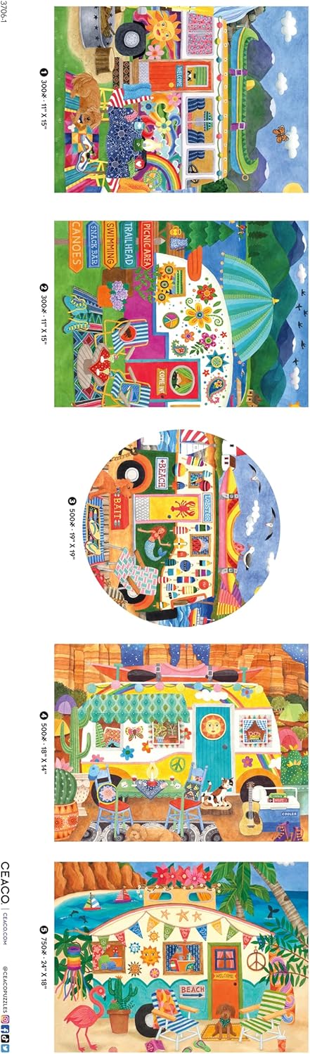 Ceaco 5 in 1 Multipack Happy Camper, (2) 300 Piece, (2) 500 Piece, (1) 750 Piece Jigsaw Puzzles