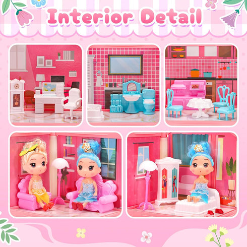 AmiDear 4-Story 11 Playset 3 4 5 6 7 8 9 10 Dollhouse with Rooms, Dream Gift Princess Doll House with Furniture Pool