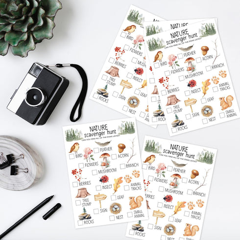 30 Pcs Nature Scavenger Hunt Cards for Camping - Woodland Themed Holiday Party Game Activity.