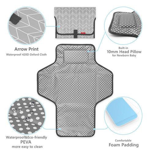 Portable Changing Pad for Baby, Waterproof Travel Changing Pads with Built-in Pillow, Excellent Baby Shower Gifts
