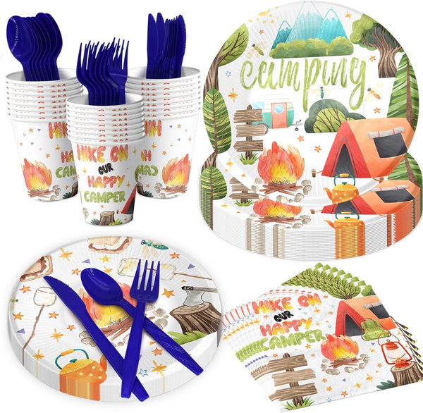 Camping Party Supplies Set, Outdoor Adventure Decorations for 20, Plates, Napkins, Cutlery for Birthday