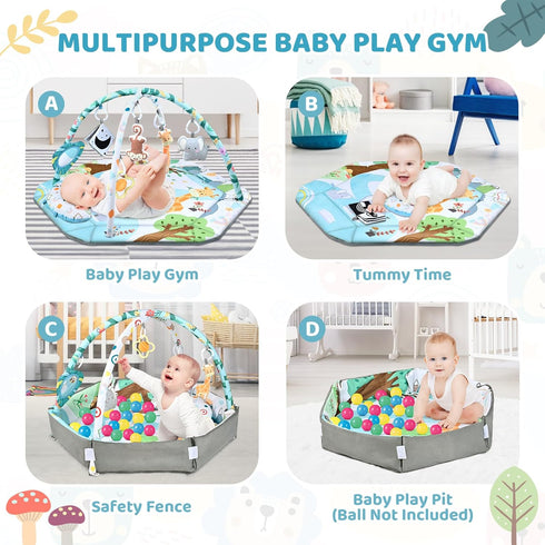 8-in-1 Tummy 6 0-3-6-9-12 Baby Gym Play Mat, Time Mat & Ball Pit with Toys, Washable Baby Activity Play Mat for Visual