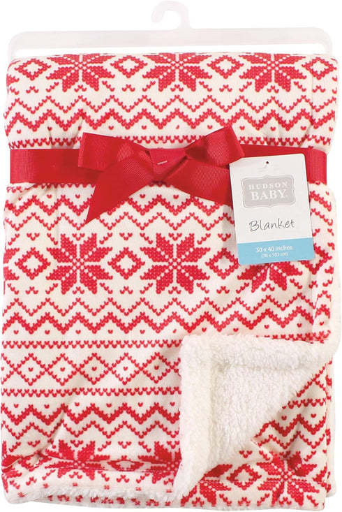 Hudson Baby Unisex Baby Plush Mink and Sherpa Blanket, Red Fair Isle, One Size for Infants