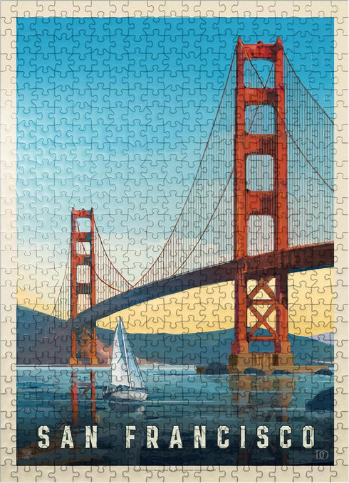 MyPuzzle San Francisco: Under The Golden Gate Vintage Poster - Premium 500 Piece Jigsaw Puzzle for Adults
