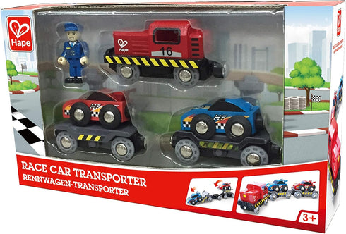 Set Hape Race Car Transporter | Six-Piece Wooden Toy Train Car Transport for Kids