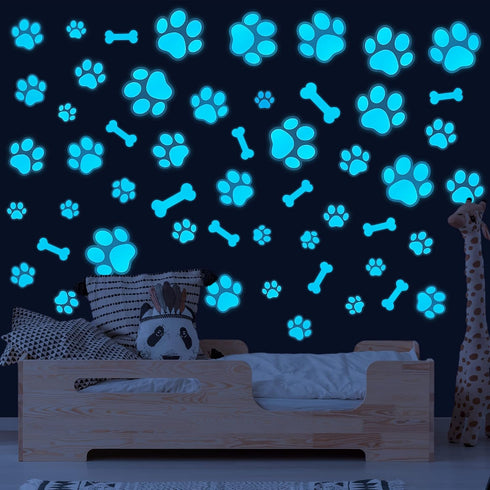 Glow in The Dark Dog Paw Print Stickers, Wall Decals for Pup Dog Room Decor, Removable Animal Footprint Decal (Blue)