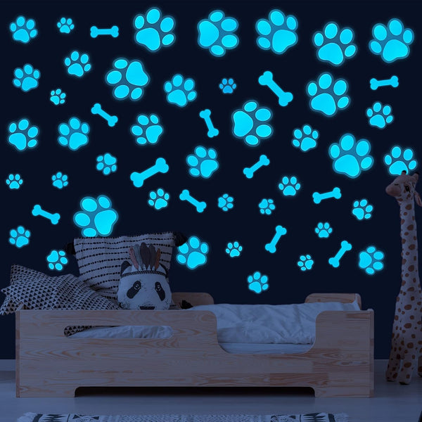 Glow in The Dark Dog Paw Print Stickers, Wall Decals for Pup Dog Room Decor, Removable Animal Footprint Decal (Blue)