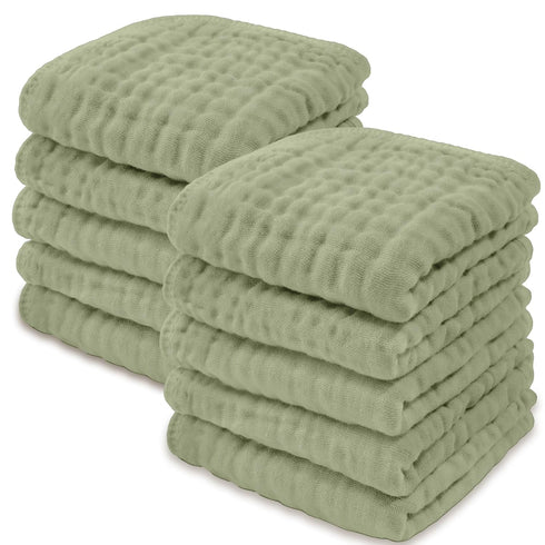 Baby Washcloths, Muslin Cotton Baby Towels - Large 10”x10” Soft Wash Cloths for Newborns & Toddlers (Sage, Pack of 10)