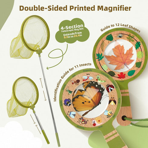 Set 3-12 Wooden Bug Catcher Kit for Kids, Bug Catching & Insect Explorer with Butterfly Net, Magnifying Glass, Bug